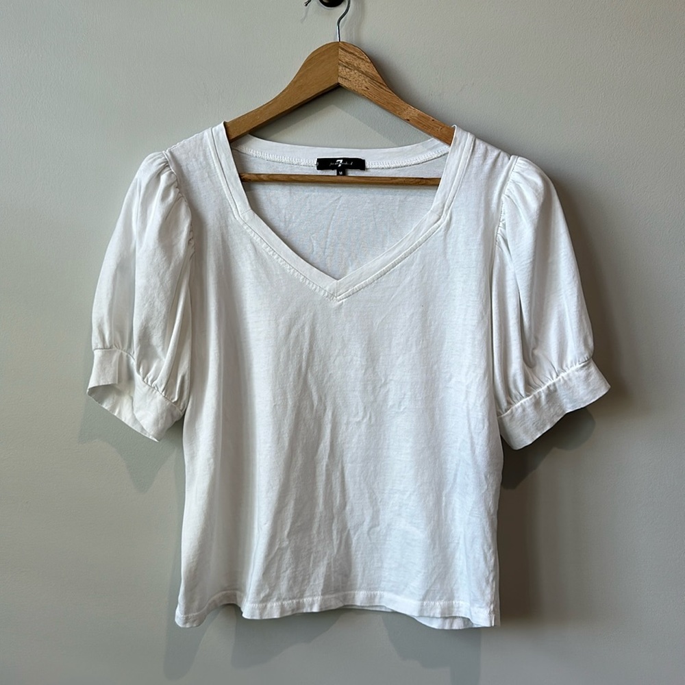 Women’s 7 for All Mankind V Neck Puff Sleeve White Tee M